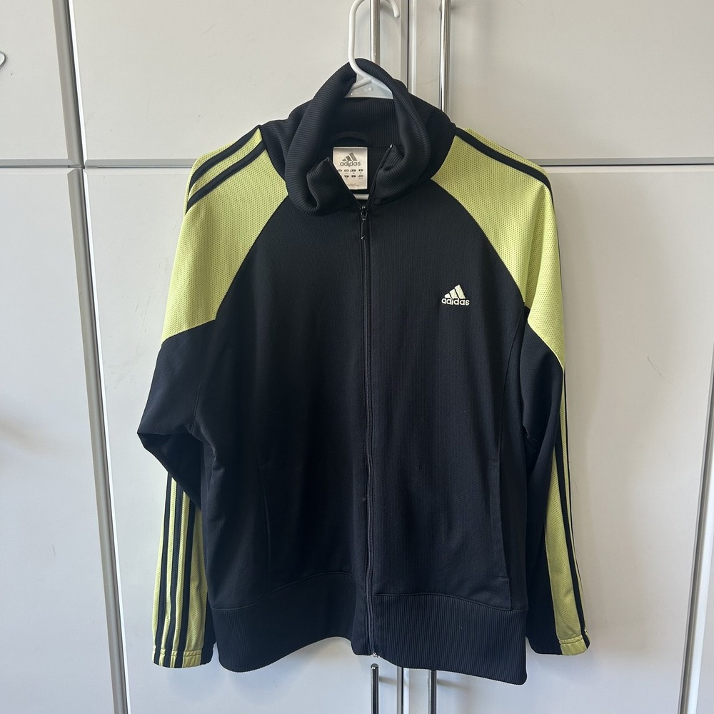 Adidas Mens XL Track Jacket Black Lime Green Accent Full Zip Three Stripe Logo
